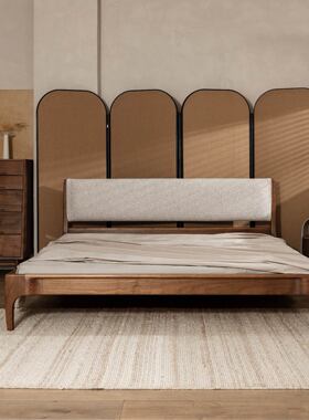 梵几|月泊床归舟子床实木框架软包床头黑胡桃木双人床黑色子母床