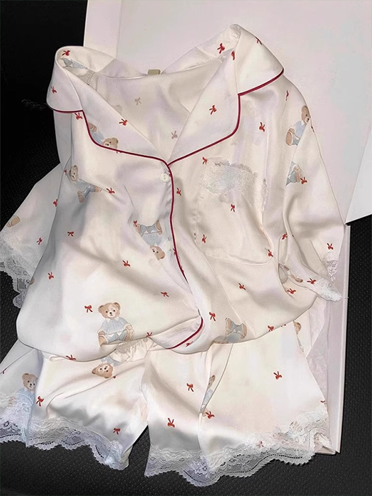 冰丝睡衣少女款夏季可爱小熊2025新款卡通宽松套装短袖短裤家居服