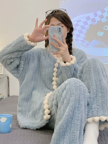 Удерживающая тепло коралловая бархатная пижама, демисезонный фланелевый комплект, 2024 года