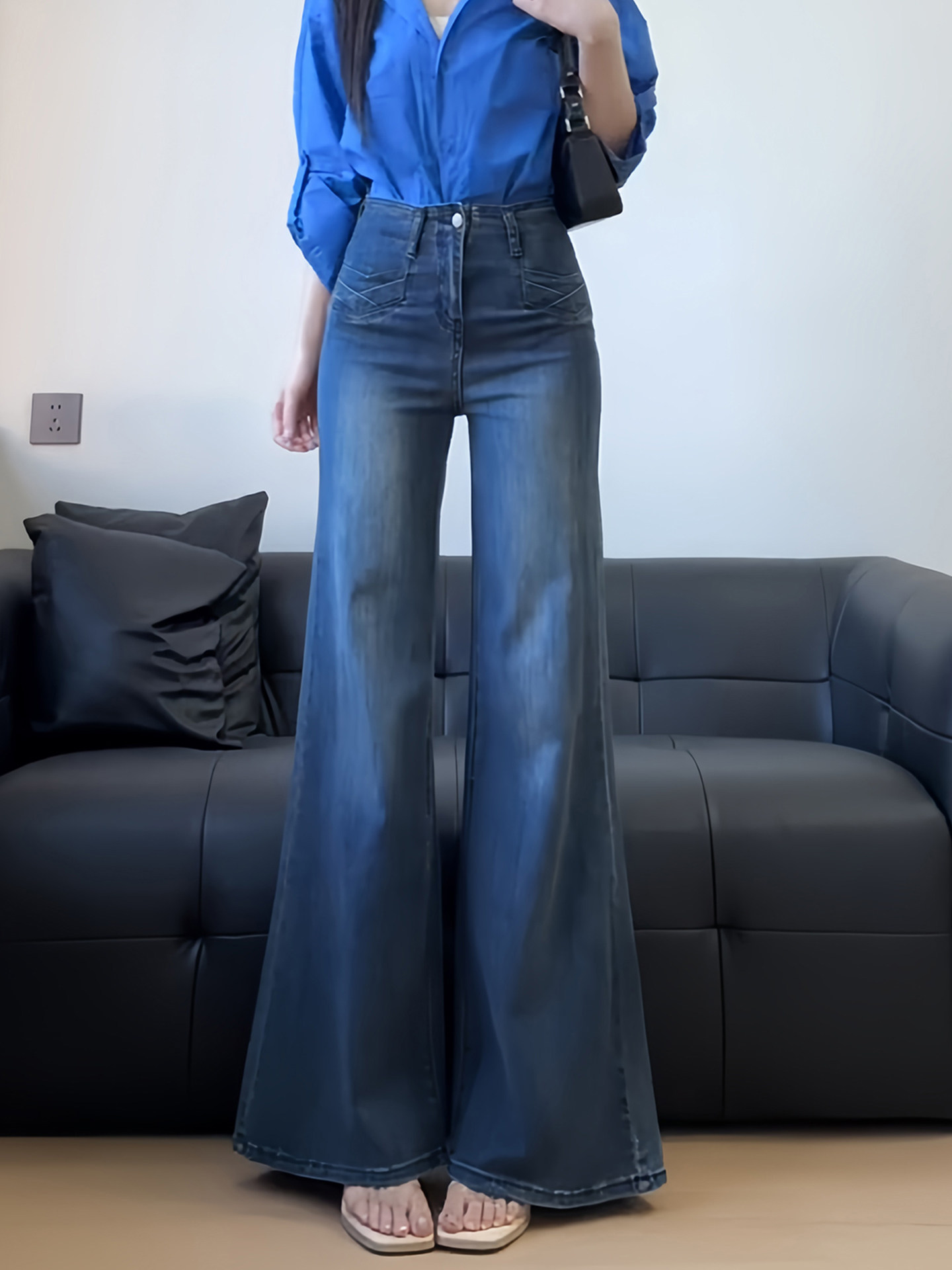 Vintage High-Waisted Flared Jeans for Women, Plus Size, Slimming, Non-Tight on the Legs, Wide-Leg Bell-Bottom Pants for Pear-Shaped Body Types