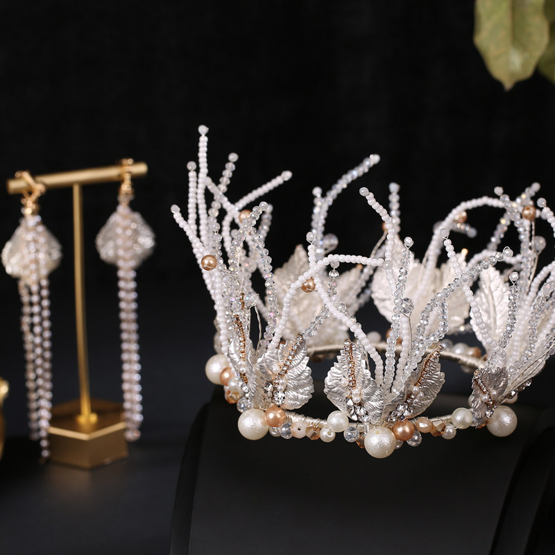 日韩森系仙气新娘手工串珠皇冠头饰式整环大气王冠跟妆婚纱配饰