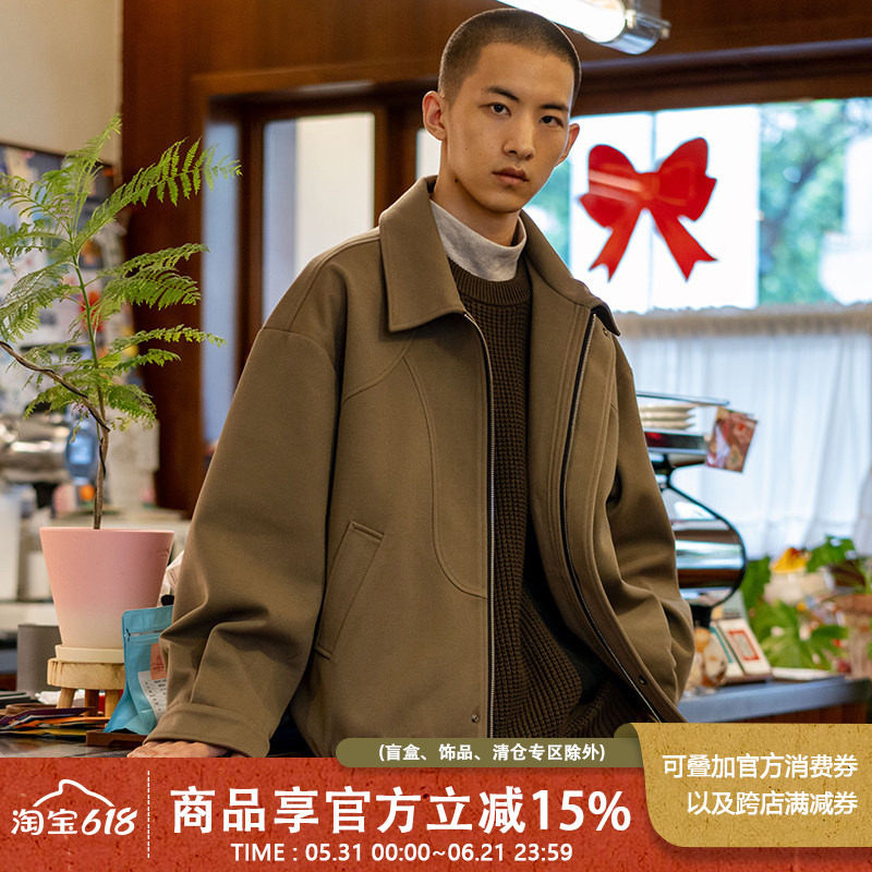 UrbanStandard日系复古美拉德毛呢外套男秋宽松翻领机车夹克外套
