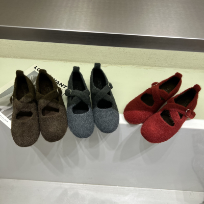 韩版圆头交叉扣带浅口毛毛鞋女2025冬季平底内增高软底玛丽珍单鞋