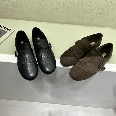 复古布洛克皮带扣加绒乐福单鞋女25冬季英伦风软底百搭流苏小皮鞋