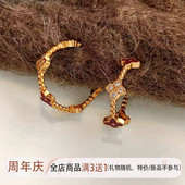 新年耳环复古珐琅红色四叶草耳圈女纯银小众锆石港风显白气质耳饰