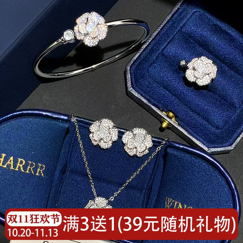 小香满钻山茶花耳钉女纯银针气质玫瑰花朵时尚小众耳环高级感耳饰