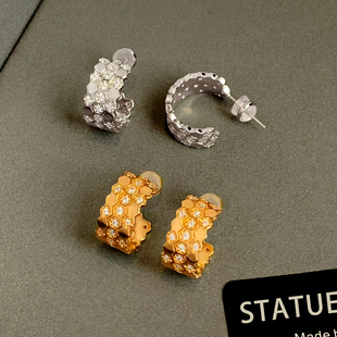 金属蜂巢耳环女纯银圆圈圈欧美高级感耳钉小众C形锆石高级感耳饰