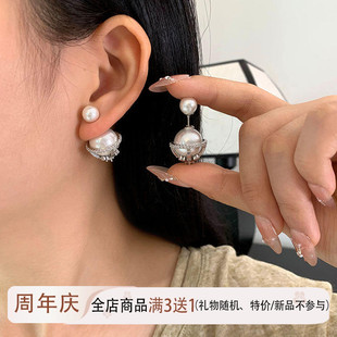 十字架双面珍珠耳环女s925纯银针耳钉名媛复古赫本风前后款耳饰