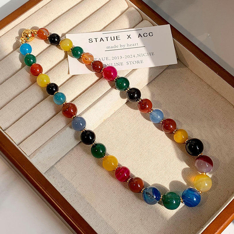 朱珠同款新中式水晶项链女多宝玛瑙玉髓锁骨链多巴胺圆珠毛衣链