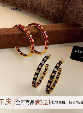 秋冬新款四叶草珐琅圆圈圈耳环女港风复古高级感小众显瘦耳钉耳饰