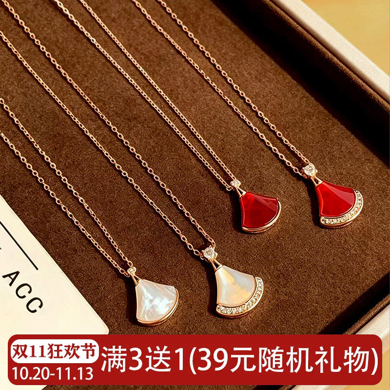 天然白贝母小裙子扇形锁骨链女红玛瑙玉髓满钻项链巨好看小众颈链