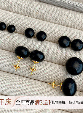 2025新款施家黑色珍珠耳钉女纯银小众简约高级感黑金百搭馒头耳环