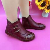 加绒保暖平底防滑皮鞋 老北京布鞋 妈妈棉鞋 女冬中老年靴子平跟短靴