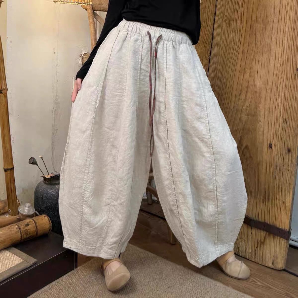 重工拼接大码棉麻灯笼裤女夏季