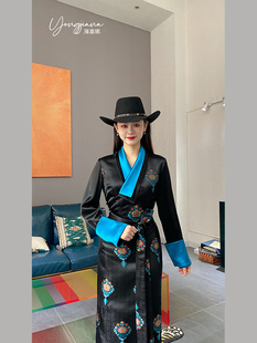 【雍嘉娜】藏族服饰女款西藏裙博拉服显瘦蓝黑拼色假两件人丝透气