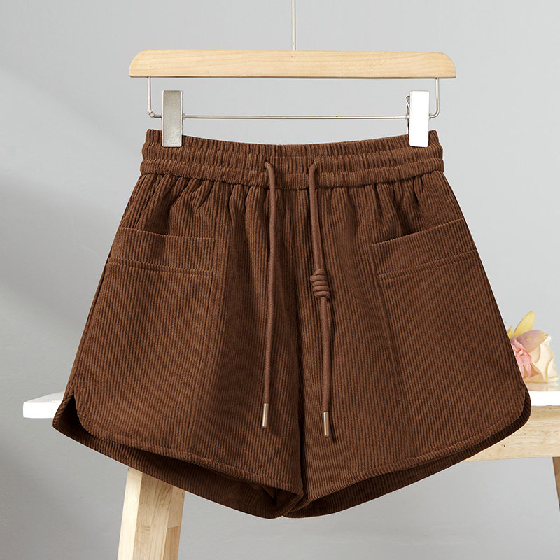 灯芯绒短裤女2024新款秋冬外穿冬季小个子打底厚a字抽绳打底靴裤