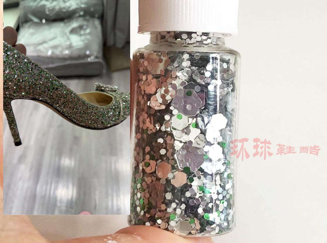 JimmyChoo水晶链饰交叉平底鞋尖头亮片鞋子掉色修复漆胶水银绿色