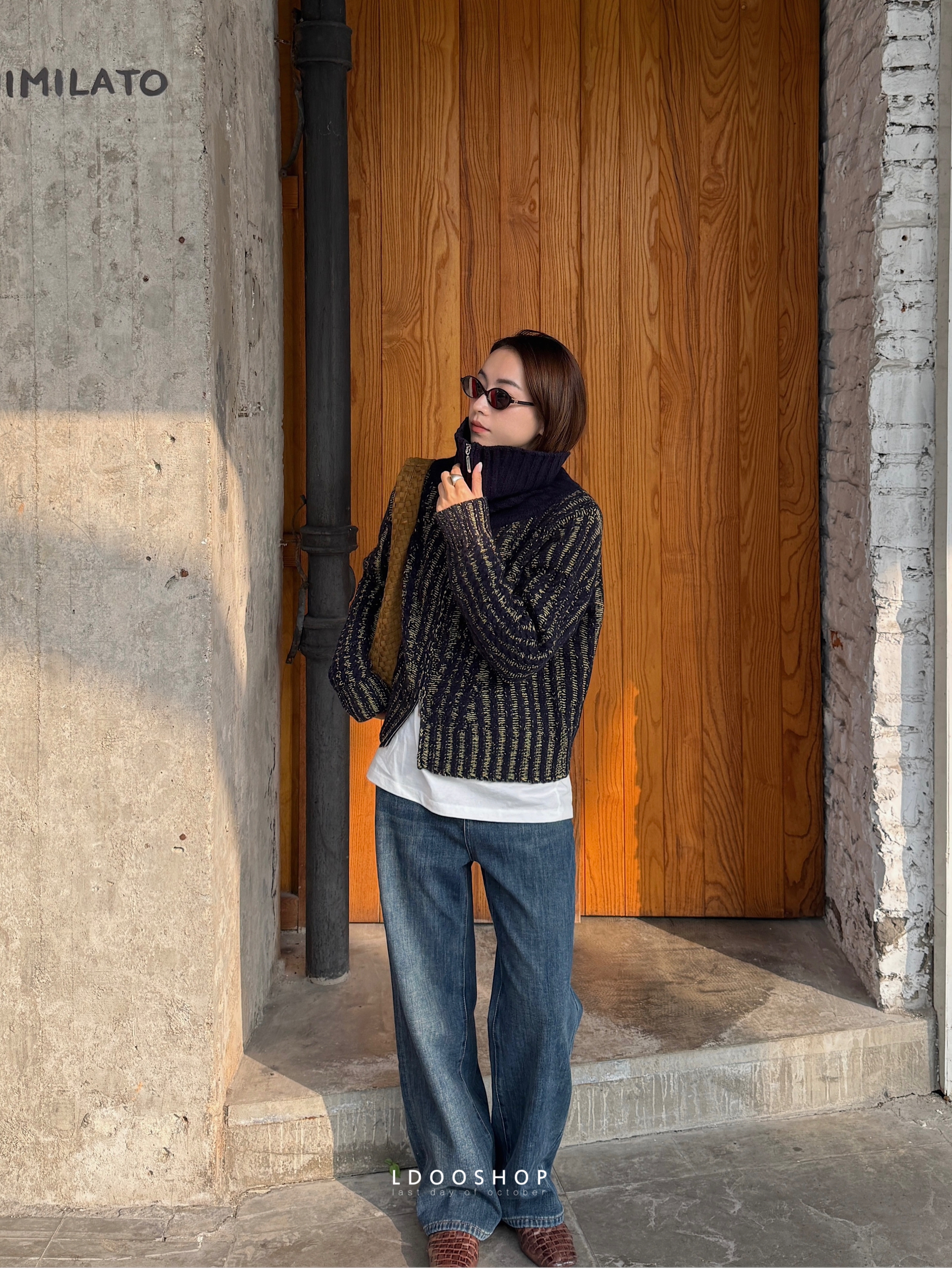 全羊毛双拉链大翻领高领短款开衫