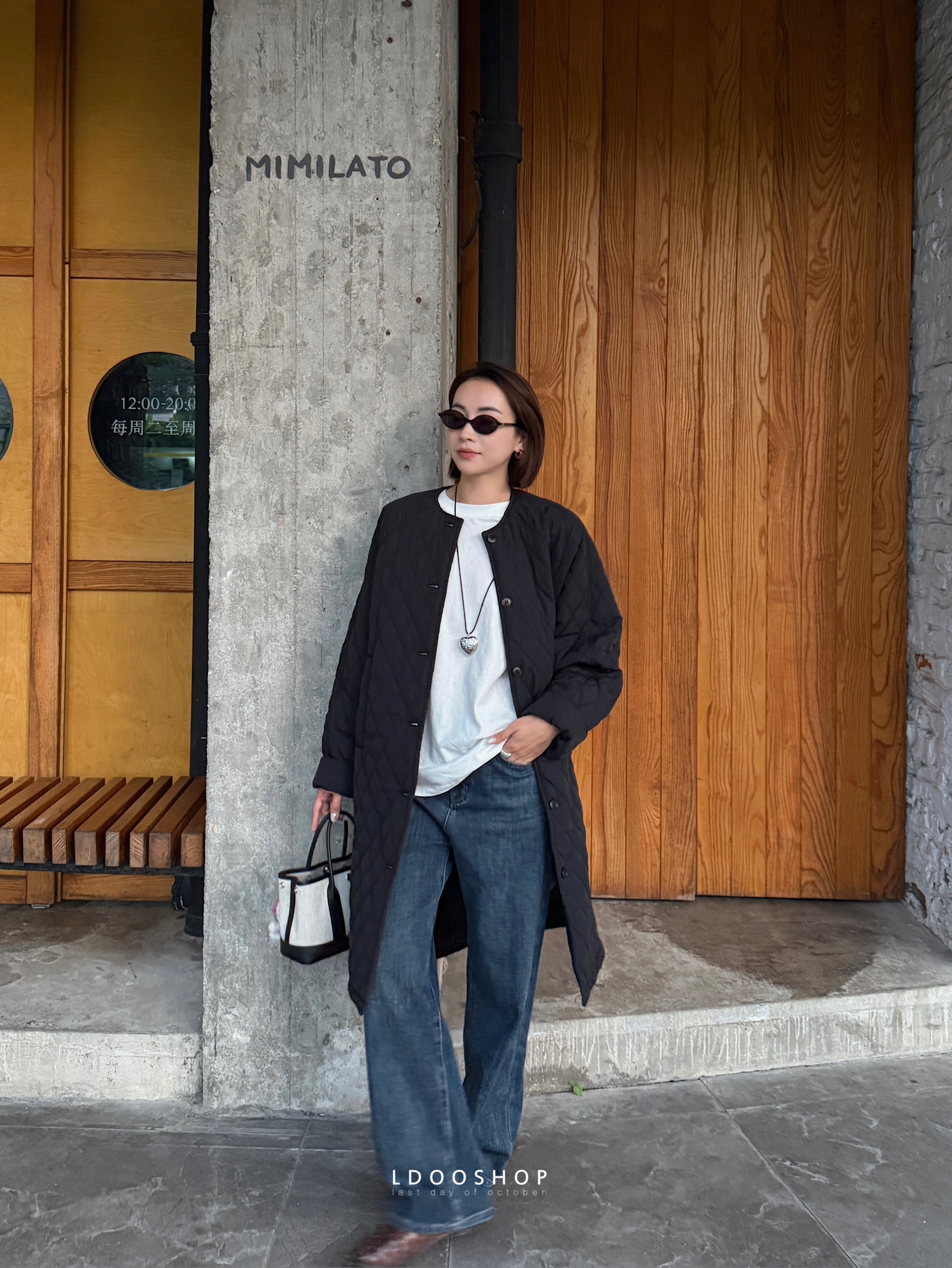 菱格绗棉轻薄长款黑色棉服外套