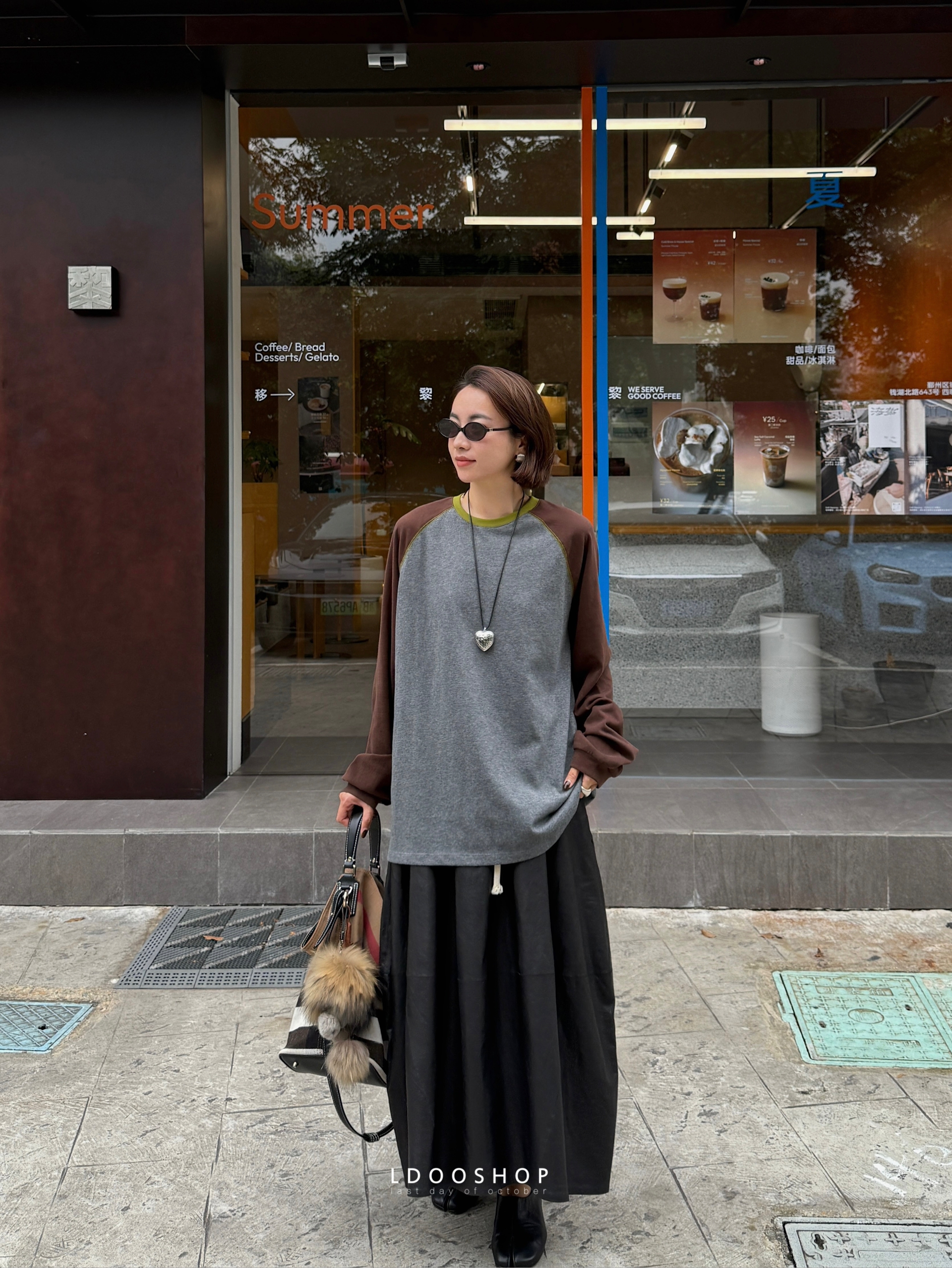 撞色插肩袖时髦休闲宽松廓形T恤