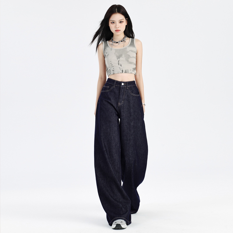 深蓝色美式阔腿牛仔裤女高腰显瘦直筒裤图片色九分2632实拍