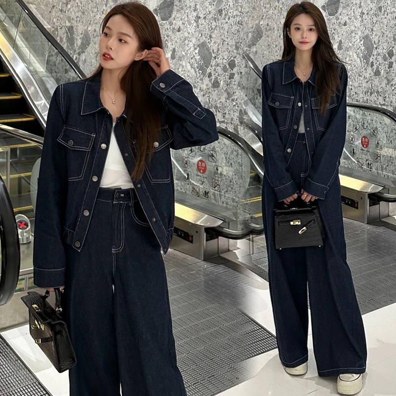 时尚牛仔套装女2026春季新款洋气显瘦短款外套阔腿裤时髦两件套潮