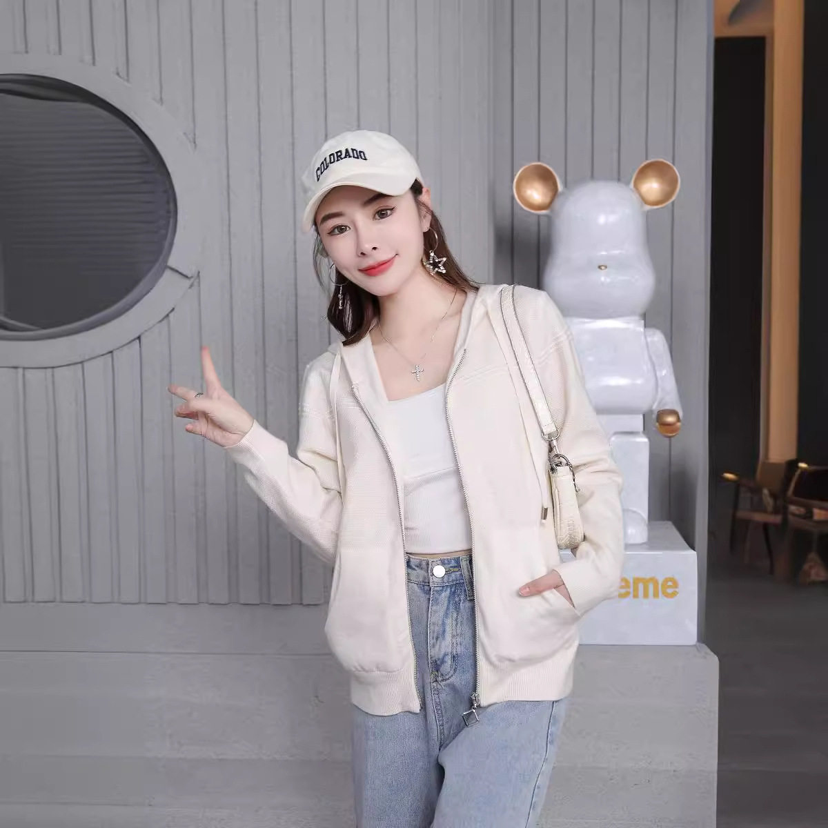 纯欲风灰色长袖针织开衫女秋季新款双头拉链修身显瘦短款上衣