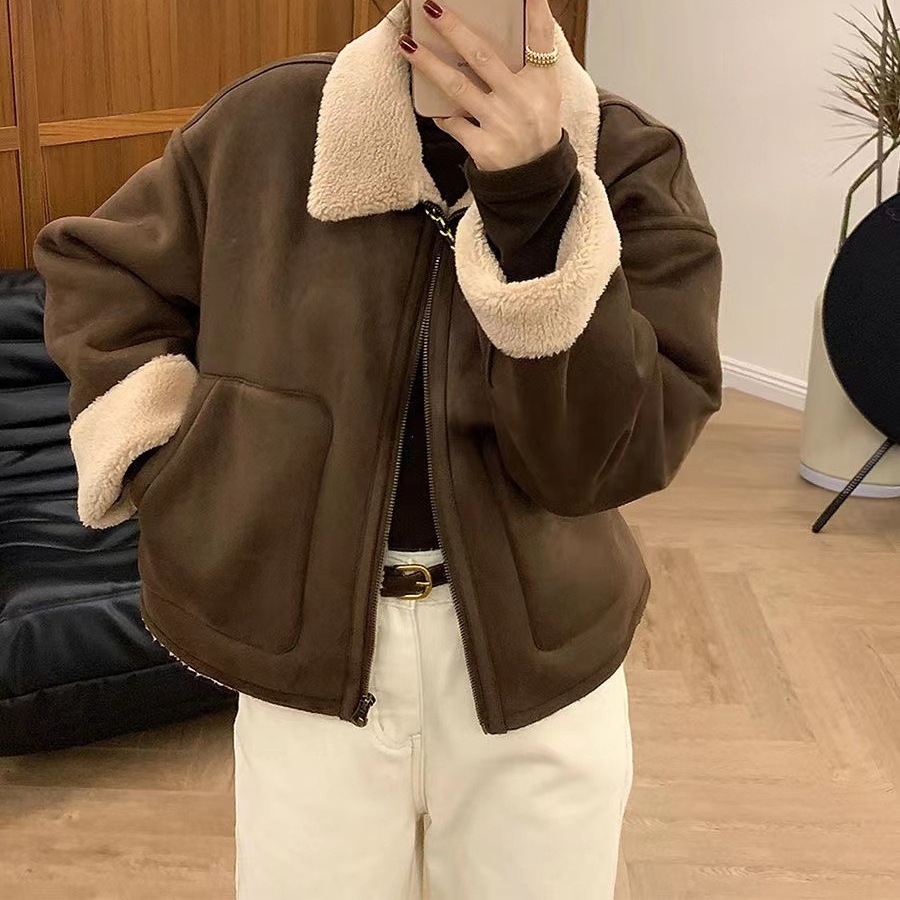 小个子新款加厚保暖翻领仿羊羔绒外套女2025秋冬机车服棉服通勤百
