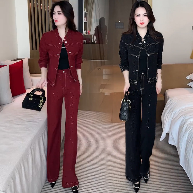 时尚休闲亮闪闪套装女2026春秋新款洋气显瘦短外套阔腿裤两件套潮