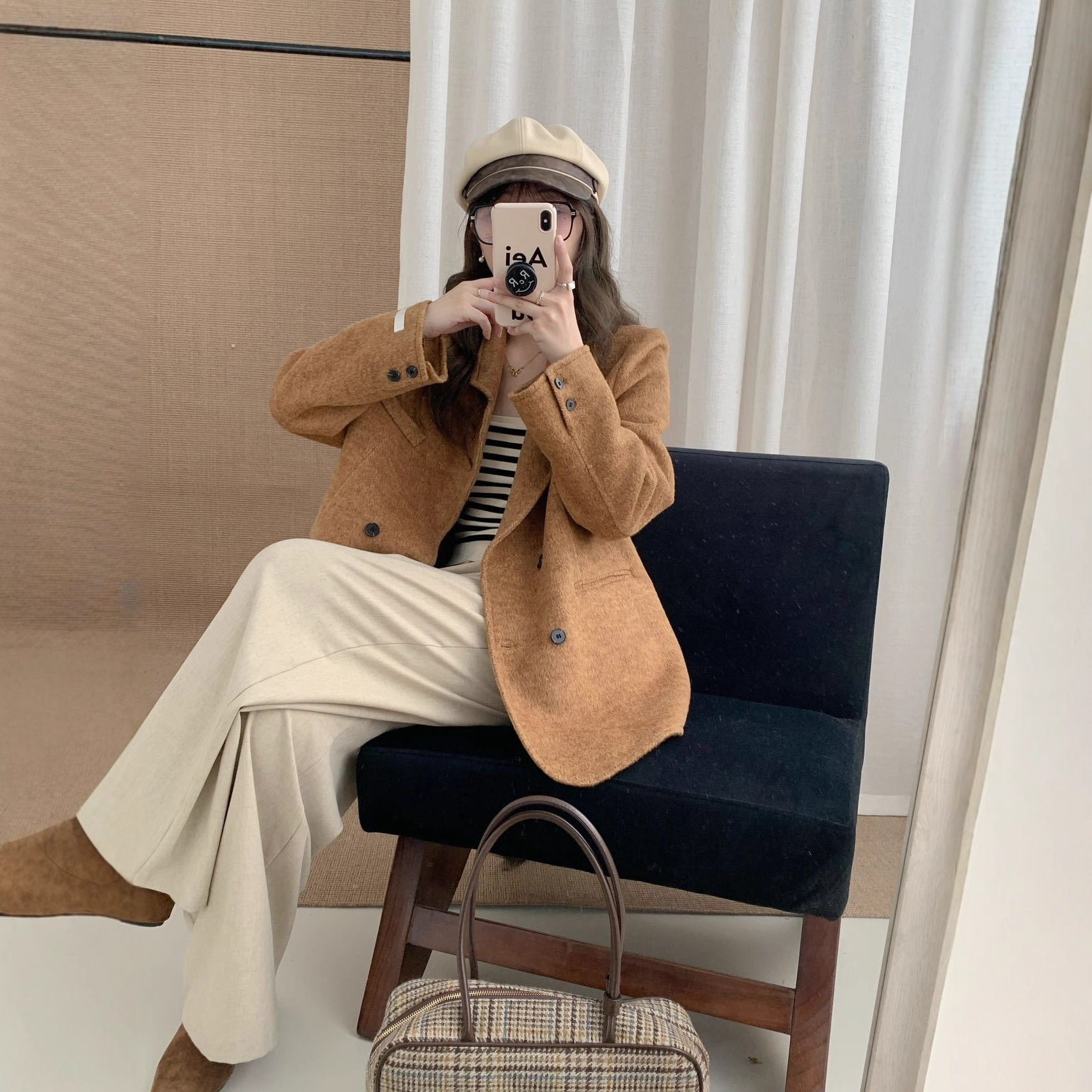 西装领正肩长毛外套女2025新款秋