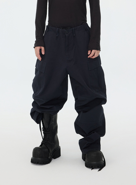 ASTT 25FW Cargo廓形抽绳多口袋宽松阔腿拖地水洗棉制工装长裤