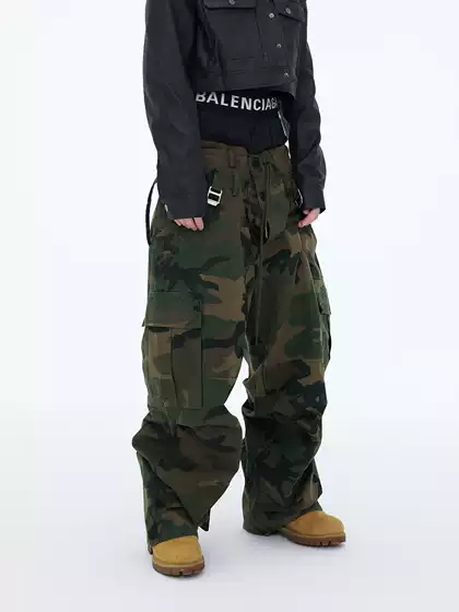 Astt 25Fw Cargo Washed and Distressed Three-Waistband Patchwork Loose Paratrooper Floor-Length Camouflage Wide-Leg Work Pants