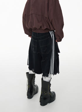 ASTT设计做旧破洞流苏复古宽松水洗黑三条杠牛仔短裤过膝五分裤潮