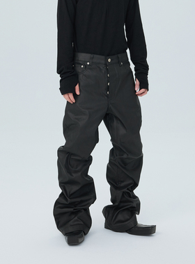 ASTT 25AW 暗黑涂层连扣设计宽松直筒刷蜡牛仔长裤堆积感通勤蜡裤
