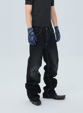 ASTT 25FW 竹节做旧磨破压皱竹叶压花修身直筒通勤休闲牛仔长裤