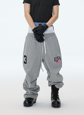 ASTT 25AW  假三腰设计拼接撞色抽绳宽松低裆刺绣阔腿拖地卫裤