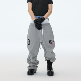 假三腰设计拼接撞色抽绳宽松低裆刺绣阔腿拖地卫裤 25AW ASTT