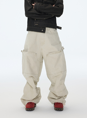 ASTT 25AW 双层解构拼接廓形Cargo多口袋宽松拖地水洗破坏工装裤