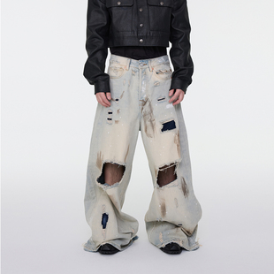 ASTT 25SS乱针刺绣破洞补丁Baggy撕裂破坏毛边做旧拖地喇叭牛仔裤