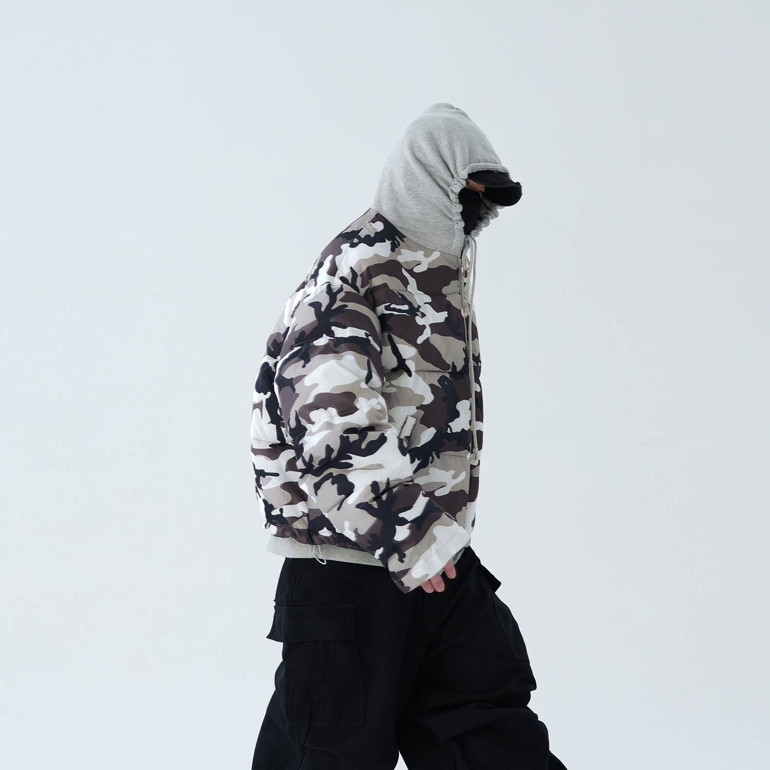 ASTT 24FW 冬新款黑白迷彩双面穿宽松连帽拉链加厚棉服上衣面包服