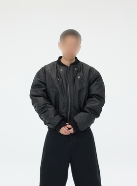 ASTT 25FW“黑蛟”四芒星分割刷蜡bomber宽松阔肩短款加厚棉衣