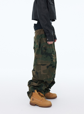 ASTT 25FW Cargo水洗做旧三腰头拼接宽松伞兵拖地迷彩阔腿工装裤
