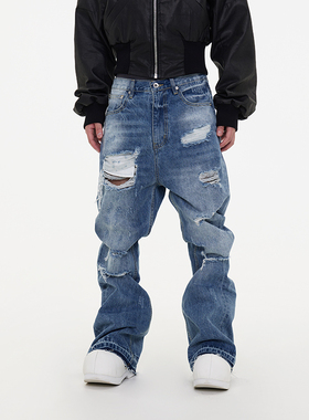 ASTT 24S/S 撕裂大破坏流苏毛边微喇阔腿堆积破洞浅蓝牛仔长裤潮