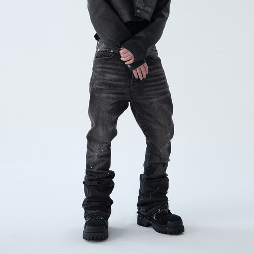 FRKM纽扣堆积感牛仔长裤猫须泼墨