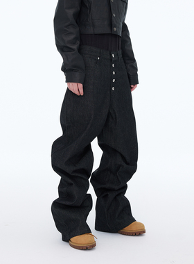 ASTT 25FW Baggy弯刀立体裁剪五连扣宽松阔腿拖地黑色原牛牛仔裤