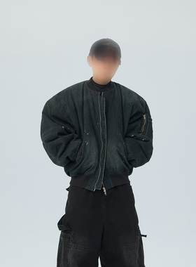 ASTT 25FW 水洗做旧廓形压皱泼墨加厚牛仔棉服飞行外套夹克上衣
