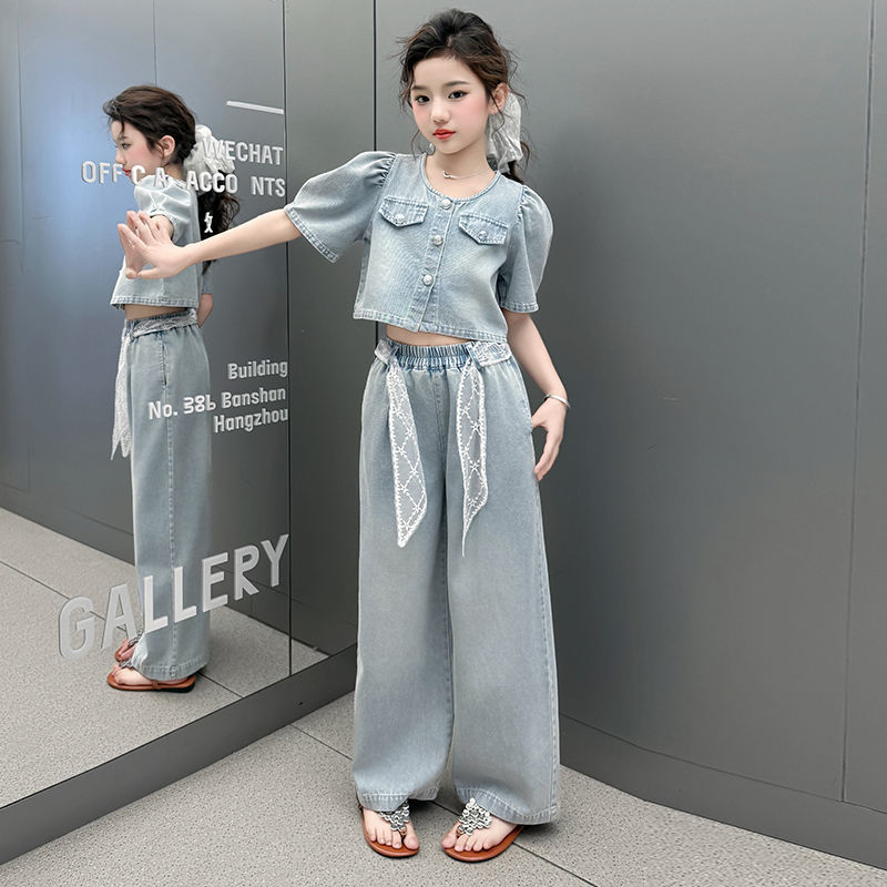 巴拉巴垃女童夏装薄款牛仔套装2025新款中大童短袖上衣牛仔阔腿裤
