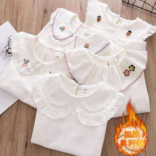 加绒纯棉2025女童打底衫儿童刺绣花朵白色衬衫小女孩大翻领娃娃衫