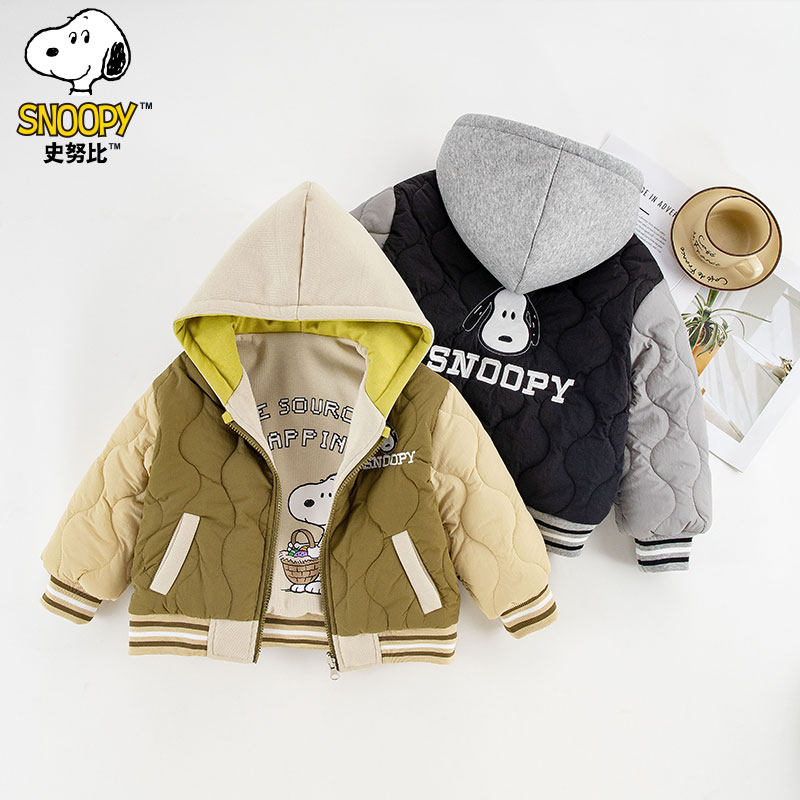 史努比童装儿童棉衣男童两面穿夹棉棒球服中小童卡通连帽棉衣冬装