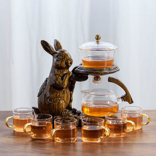 家用玻璃懒人泡茶器办公室泡新 促2023年新款 招财玉兔自动茶具套装